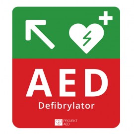 tablica kierunkowa AED, tablica AED w lewo, w górę